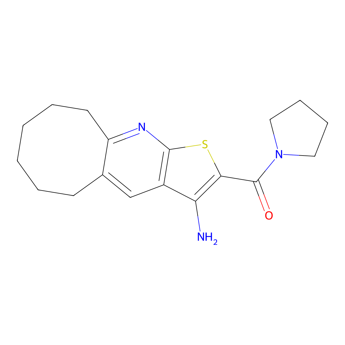 (3-Amino-5,6,7,8,9,10-hexahydrocycloocta[b]thieno[3,2-e]pyridin-2-yl)(pyrrolidin-1-yl)methanone molecular structure, CAS 401580-17-4