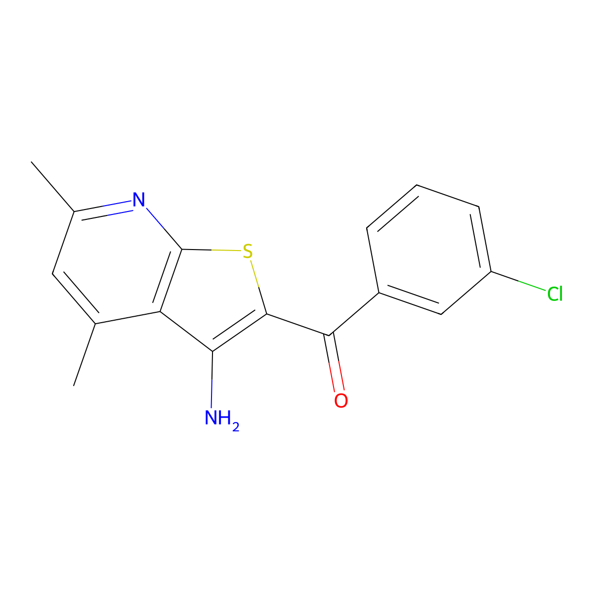 (3-Amino-4,6-dimethylthieno[2,3-b]pyridin-2-yl)(3-chlorophenyl)methanone molecular structure, CAS 401582-47-6