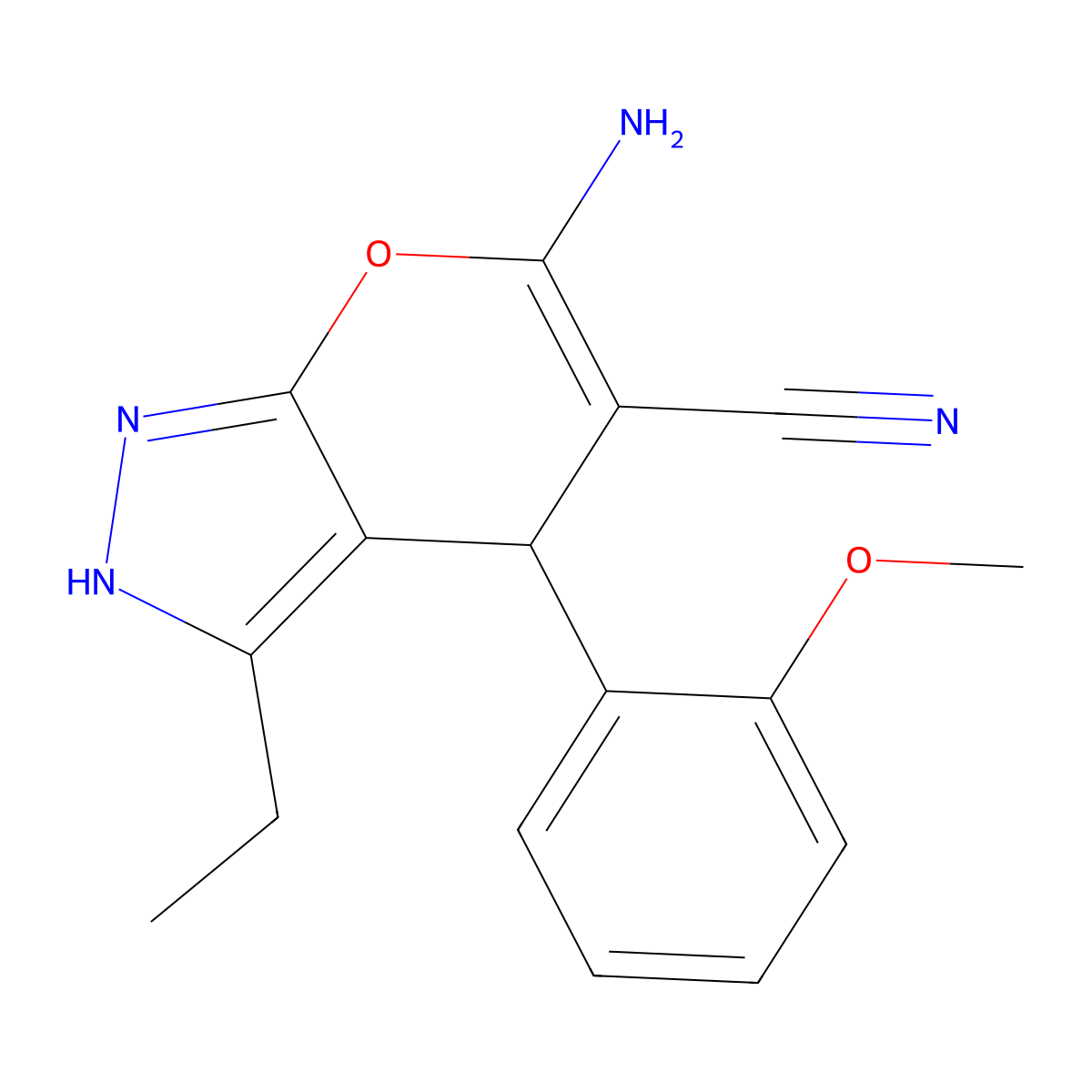 6-Amino-3-ethyl-4-(2-methoxyphenyl)-1,4-dihydropyrano[2,3-c]pyrazole-5-carbonitrile molecular structure, CAS 401589-97-7