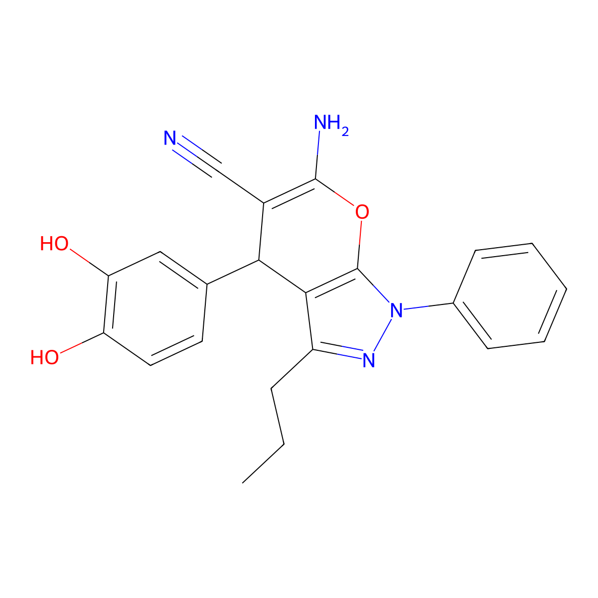 6-Amino-4-(3,4-dihydroxyphenyl)-1-phenyl-3-propyl-1,4-dihydropyrano[2,3-c]pyrazole-5-carbonitrile molecular structure, CAS 401590-07-6
