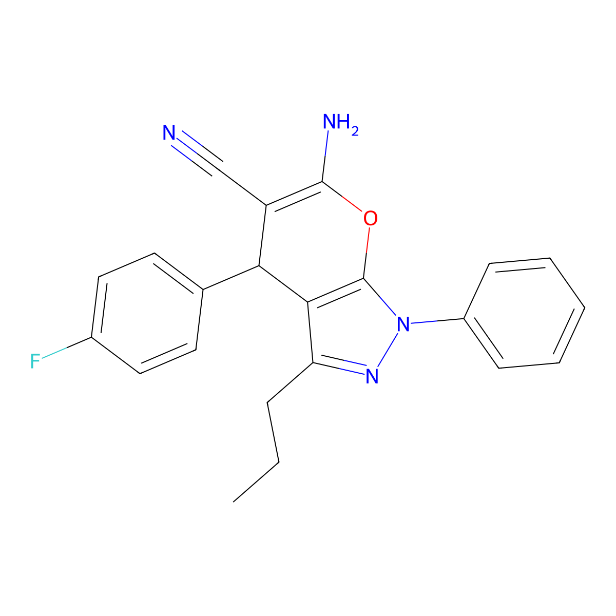 6-Amino-4-(4-fluorophenyl)-1-phenyl-3-propyl-1,4-dihydropyrano[2,3-c]pyrazole-5-carbonitrile molecular structure, CAS 401590-08-7