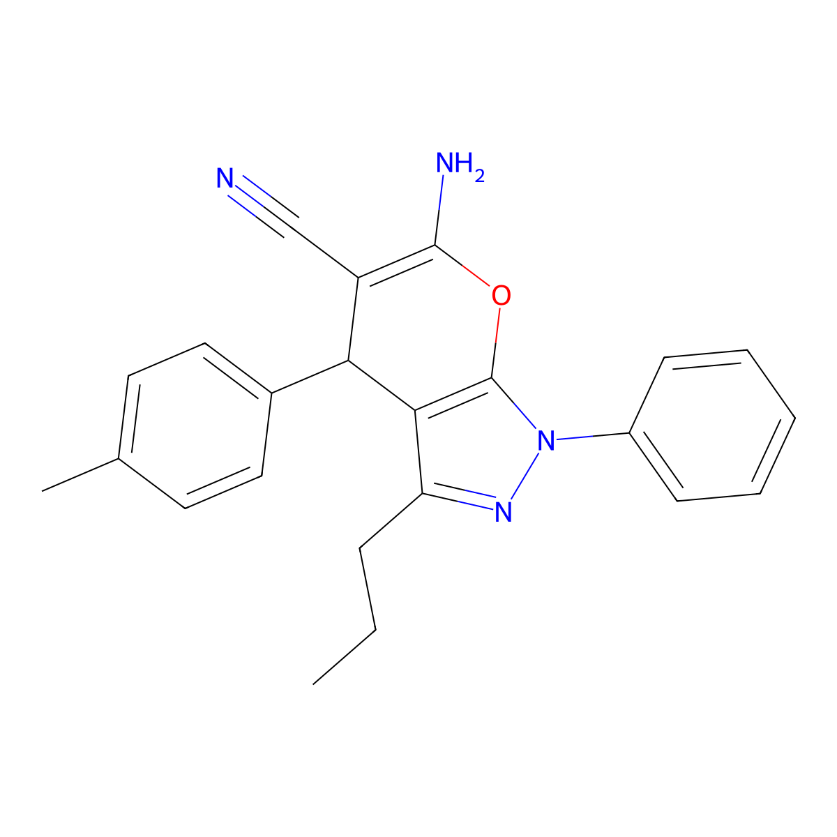 6-amino-4-(4-methylphenyl)-1-phenyl-3-propyl-4H-pyrano[2,3-c]pyrazole-5-carbonitrile molecular structure, CAS 401590-09-8