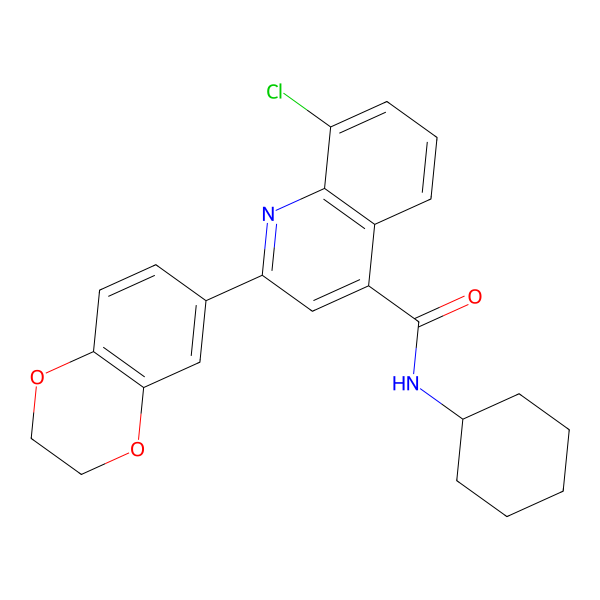 8-chloro-N-cyclohexyl-2-(2,3-dihydro-1,4-benzodioxin-6-yl)quinoline-4-carboxamide molecular structure, CAS 401590-42-9