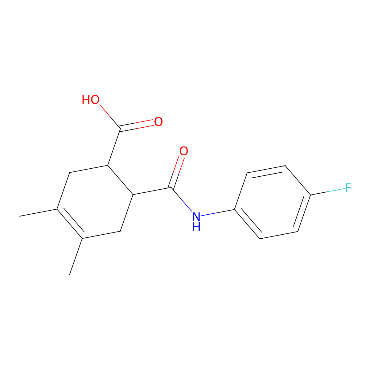 6-(4-Fluoro-phenylcarbamoyl)-3,4-dimethyl-cyclohex-3-enecarboxylic acid molecular structure, CAS 401629-70-7