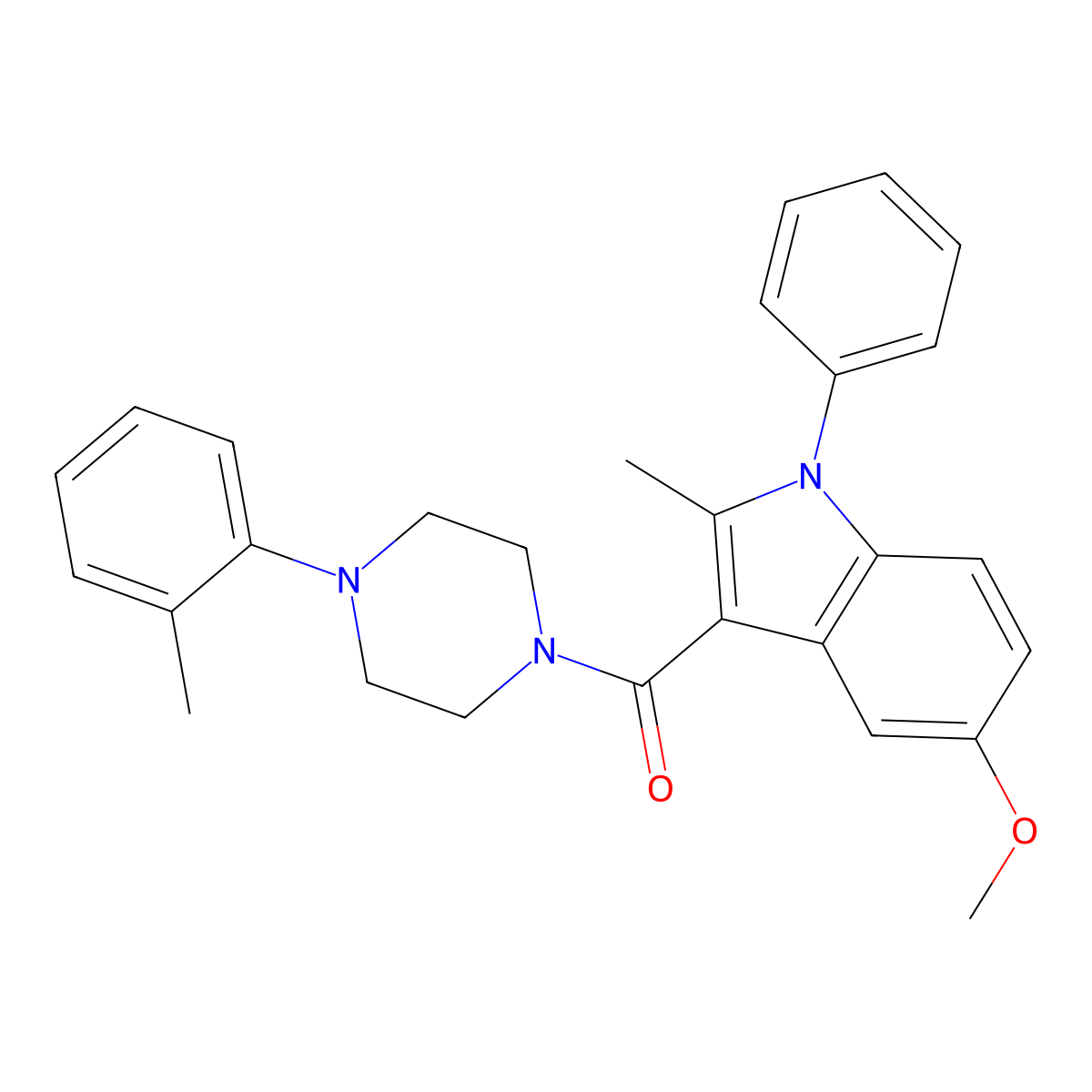 (5-Methoxy-2-methyl-1-phenylindol-3-yl)-[4-(2-methylphenyl)piperazin-1-yl]methanone molecular structure, CAS 401631-46-7