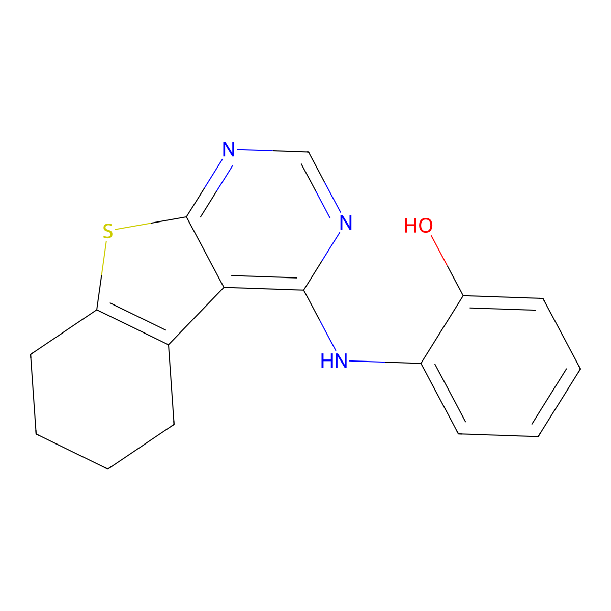 2-((5,6,7,8-Tetrahydrobenzo[4,5]thieno[2,3-d]pyrimidin-4-yl)amino)phenol molecular structure, CAS 401638-52-6