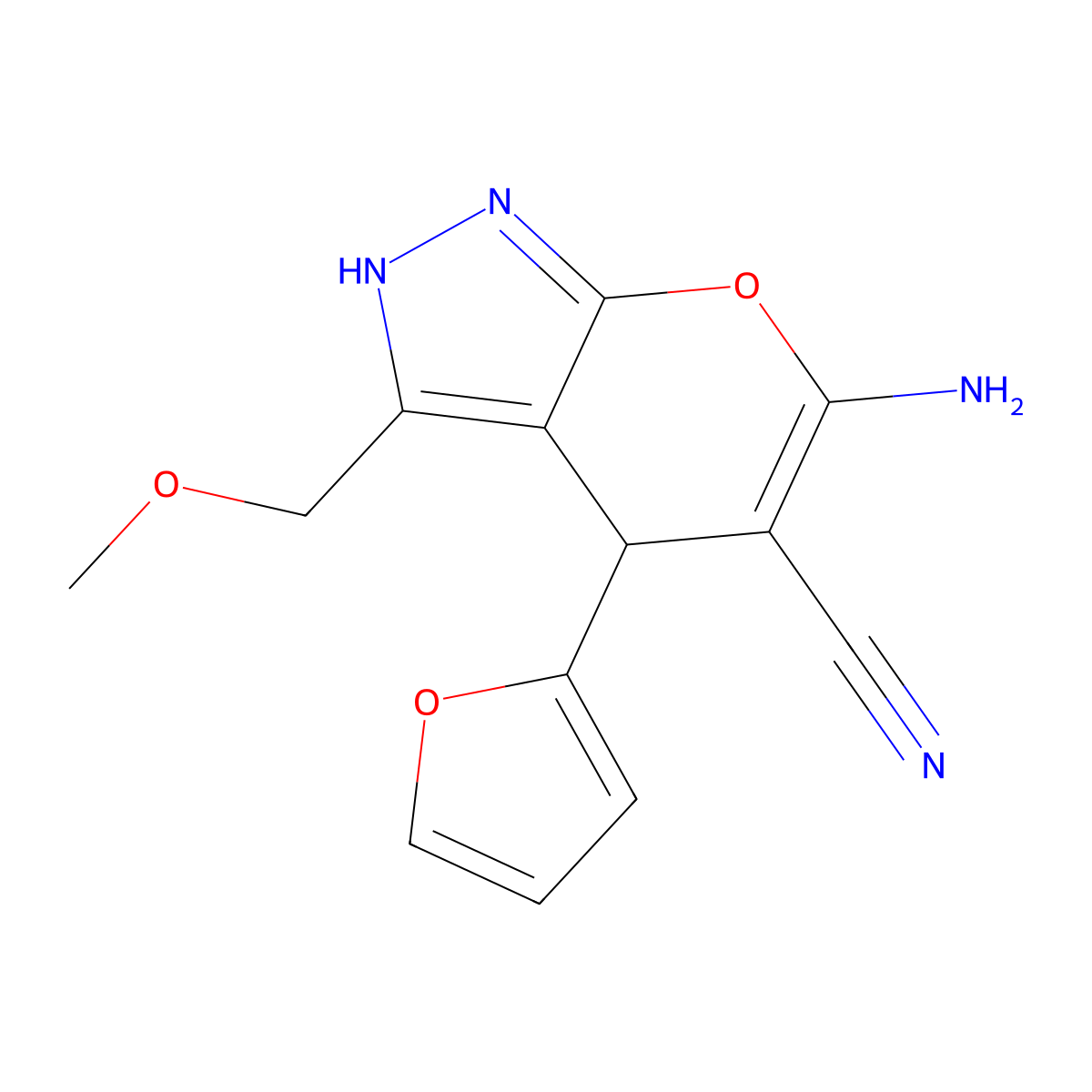 6-Amino-4-(2-furyl)-3-(methoxymethyl)-1,4-dihydropyrano[2,3-c]pyrazole-5-carbonitrile molecular structure, CAS 401643-89-8