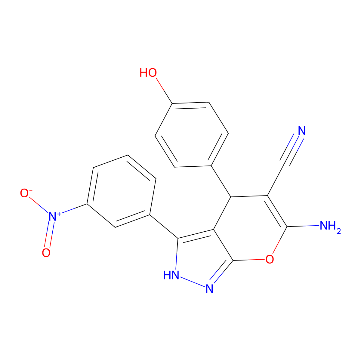 6-Amino-4-(4-hydroxyphenyl)-3-(3-nitrophenyl)-1,4-dihydropyrano[2,3-c]pyrazole-5-carbonitrile molecular structure, CAS 401644-22-2
