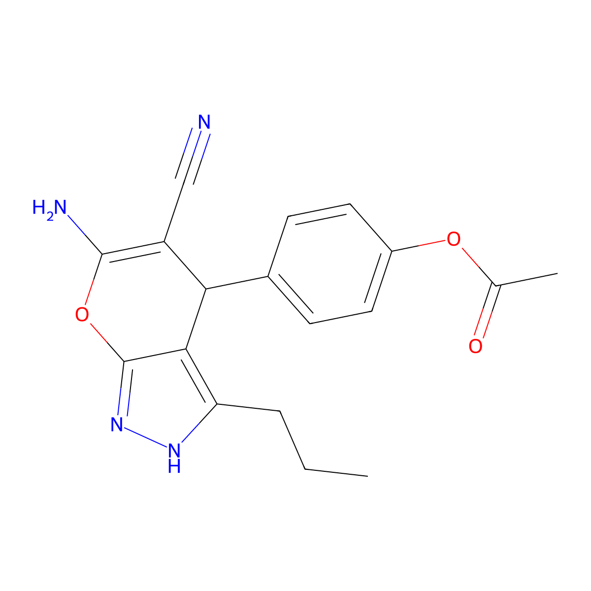 4-(6-Amino-5-cyano-3-propyl-1,4-dihydropyrano[2,3-c]pyrazol-4-yl)phenyl acetate molecular structure, CAS 401645-10-1