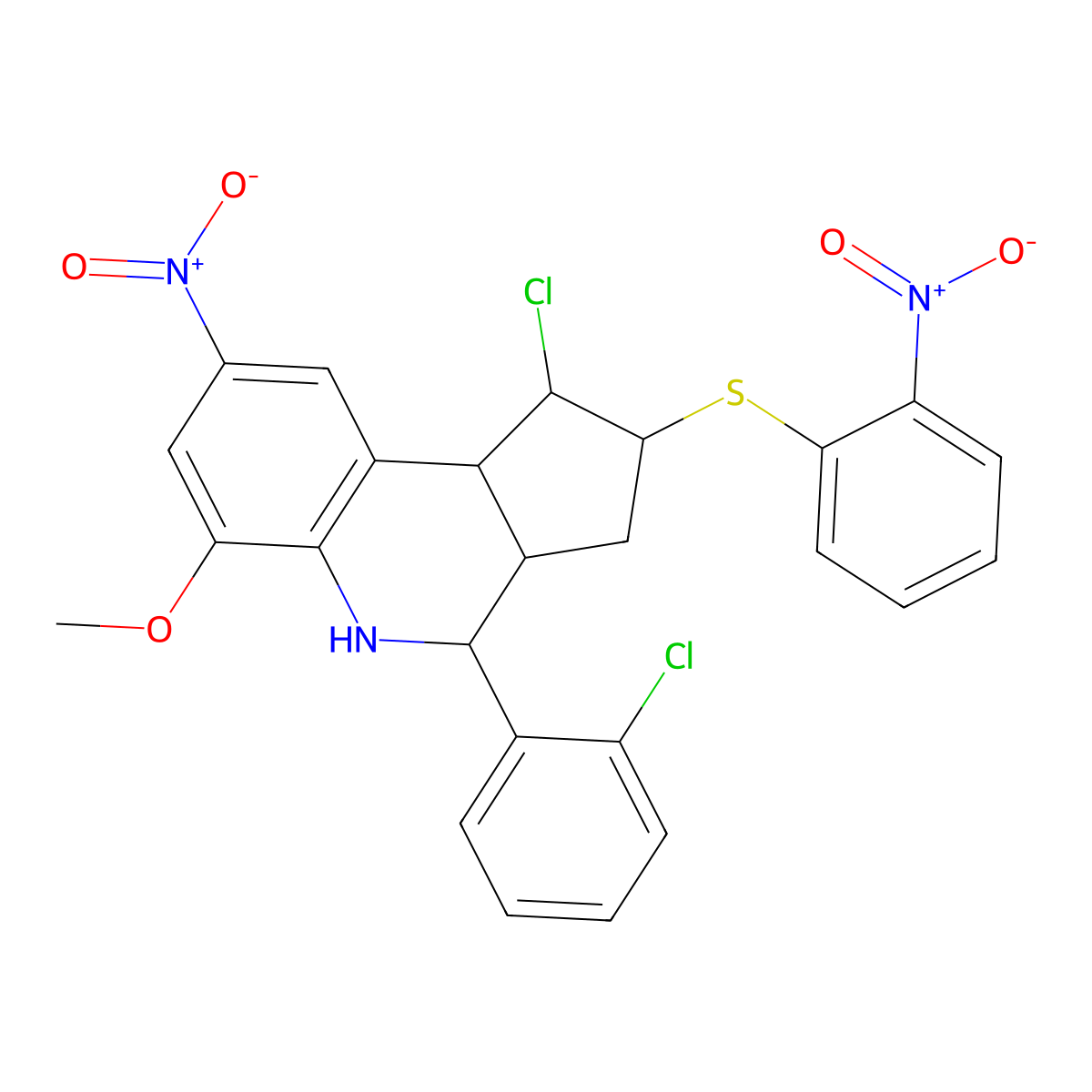 1-chloro-4-(2-chlorophenyl)-8-nitro-2-({2-nitrophenyl}sulfanyl)-6-methoxy-2,3,3a,4,5,9b-hexahydro-1H-cyclopenta[c]quinoline molecular structure, CAS 401651-14-7