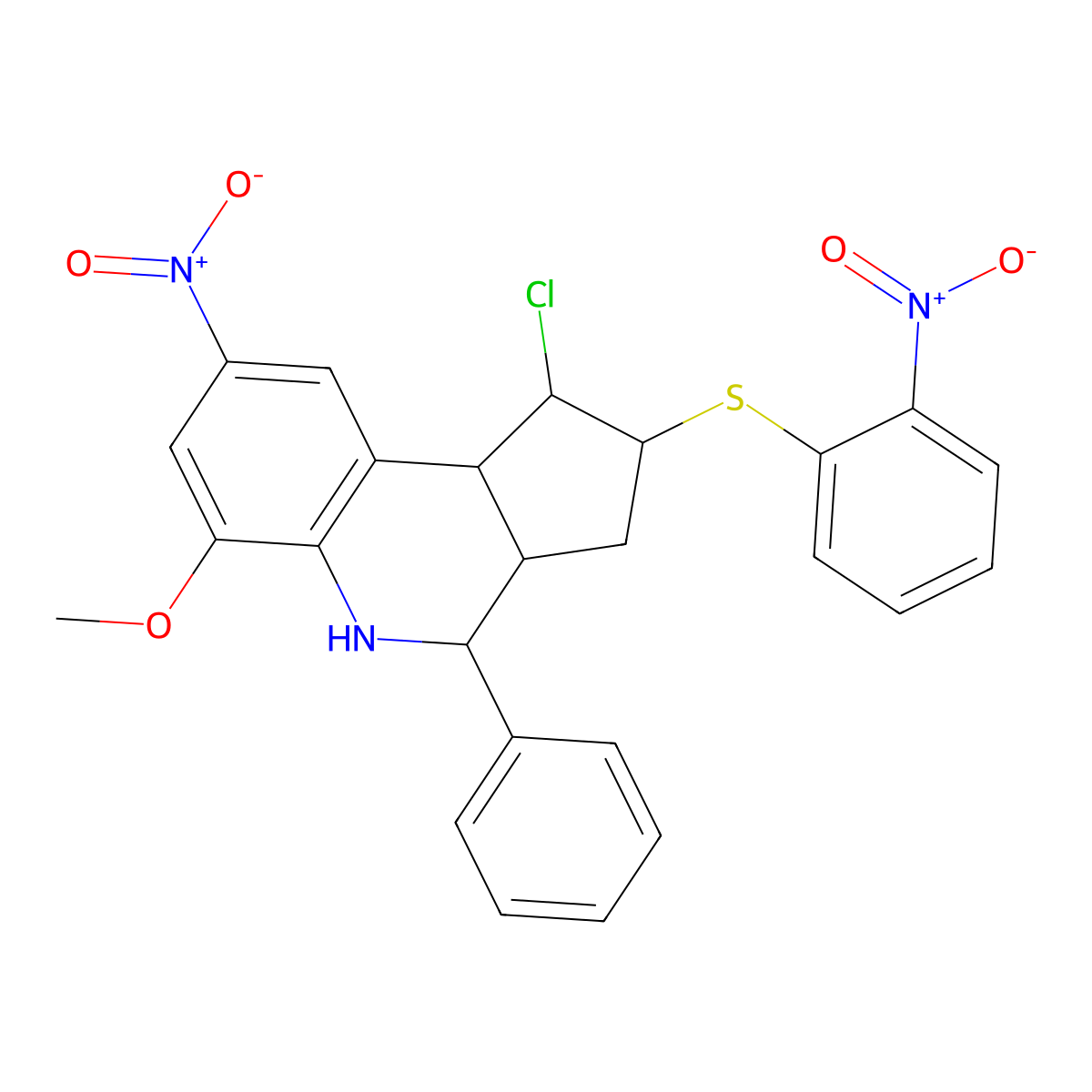 1-chloro-8-nitro-2-({2-nitrophenyl}sulfanyl)-6-methoxy-4-phenyl-2,3,3a,4,5,9b-hexahydro-1H-cyclopenta[c]quinoline molecular structure, CAS 401651-17-0