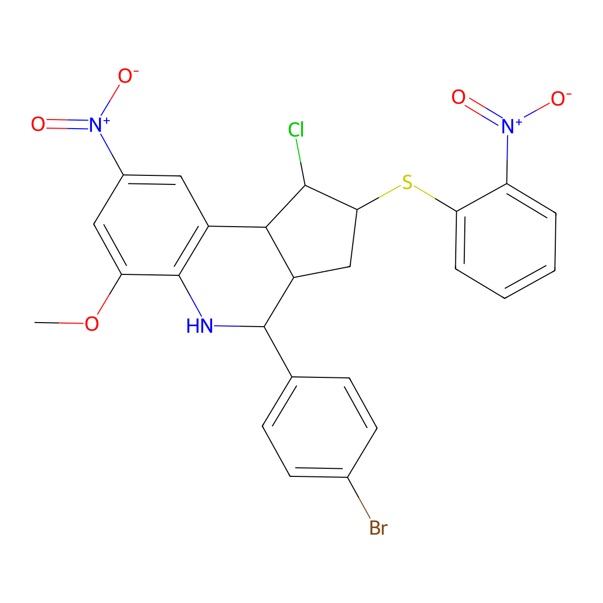 4-(4-bromophenyl)-1-chloro-8-nitro-2-({2-nitrophenyl}sulfanyl)-6-methoxy-2,3,3a,4,5,9b-hexahydro-1H-cyclopenta[c]quinoline molecular structure, CAS 401651-18-1