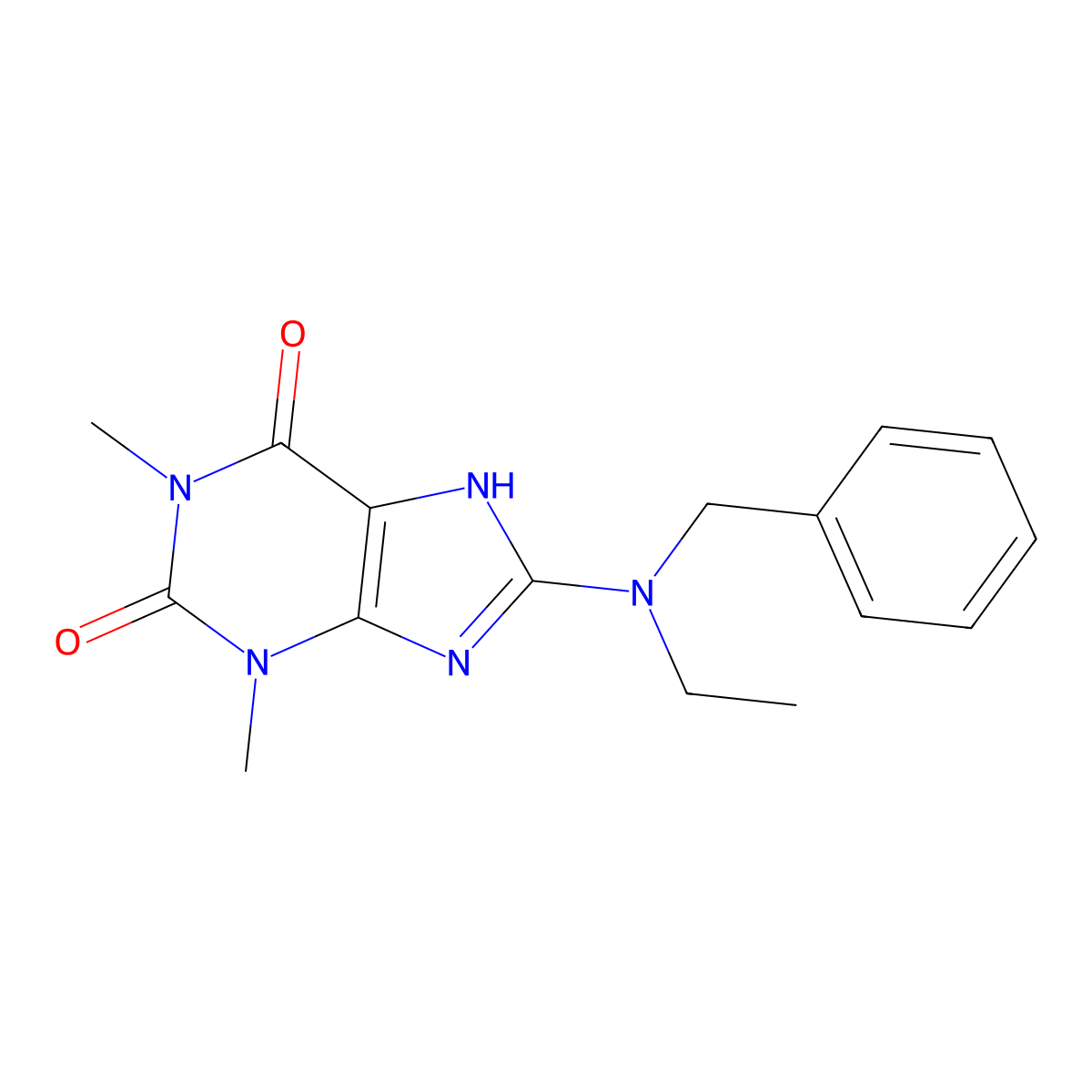 1H-Purine-2,6-dione, 3,7-dihydro-1,3-dimethyl-8-(ethyl(phenylmethyl)amino)- molecular structure, CAS 40171-65-1