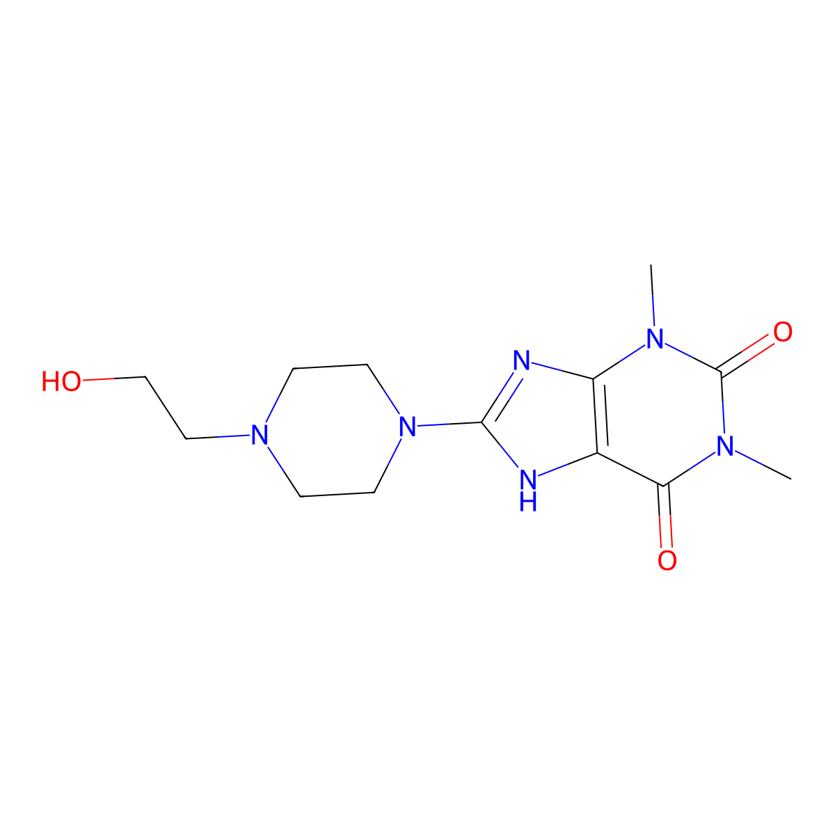 1H-Purine-2,6-dione, 3,7-dihydro-8-(4-(2-hydroxyethyl)-1-piperazinyl)-1,3-dimethyl- molecular structure, CAS 40171-75-3