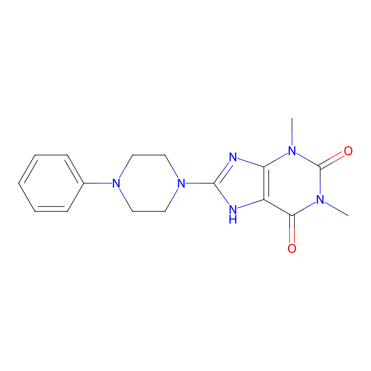 1,3-Dimethyl-8-(4-phenyl-1-piperazinyl)-3,7-dihydro-1H-purine-2,6-dione molecular structure, CAS 40171-76-4