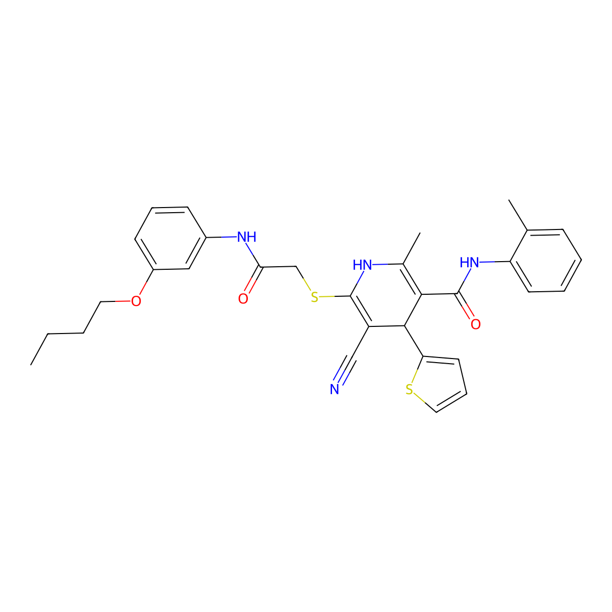 6-((2-((3-butoxyphenyl)amino)-2-oxoethyl)thio)-5-cyano-2-methyl-4-(thiophen-2-yl)-N-(o-tolyl)-1,4-dihydropyridine-3-carboxamide molecular structure, CAS 401814-13-9