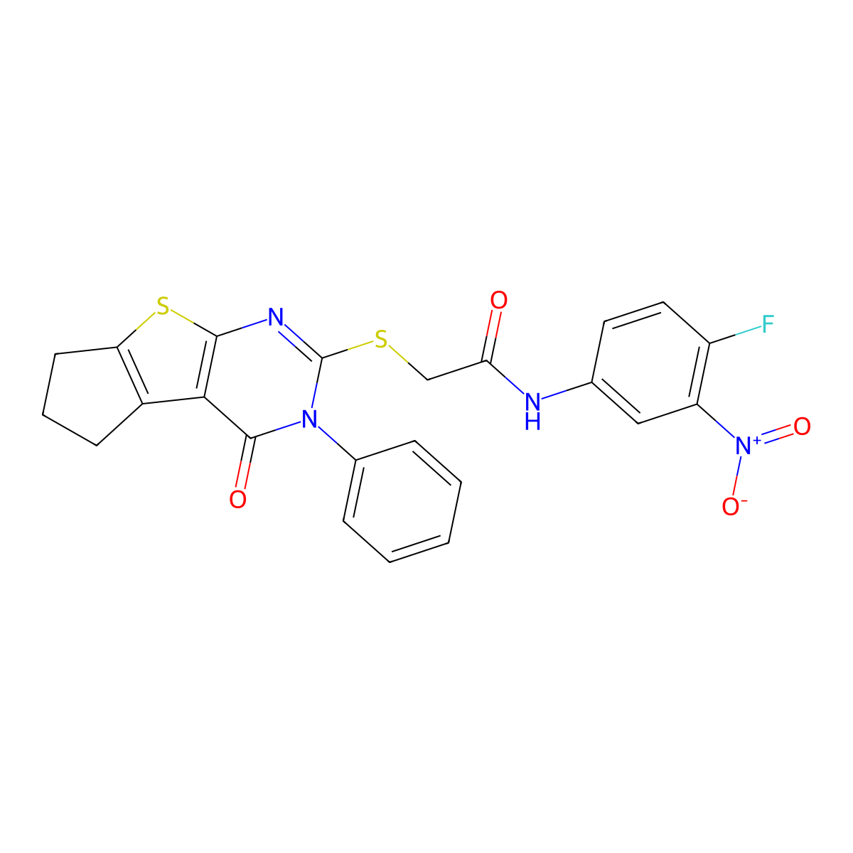 N-(4-fluoro-3-nitrophenyl)-2-[(4-oxo-3-phenyl-3,5,6,7-tetrahydro-4H-cyclopenta[4,5]thieno[2,3-d]pyrimidin-2-yl)sulfanyl]acetamide molecular structure, CAS 401822-70-6