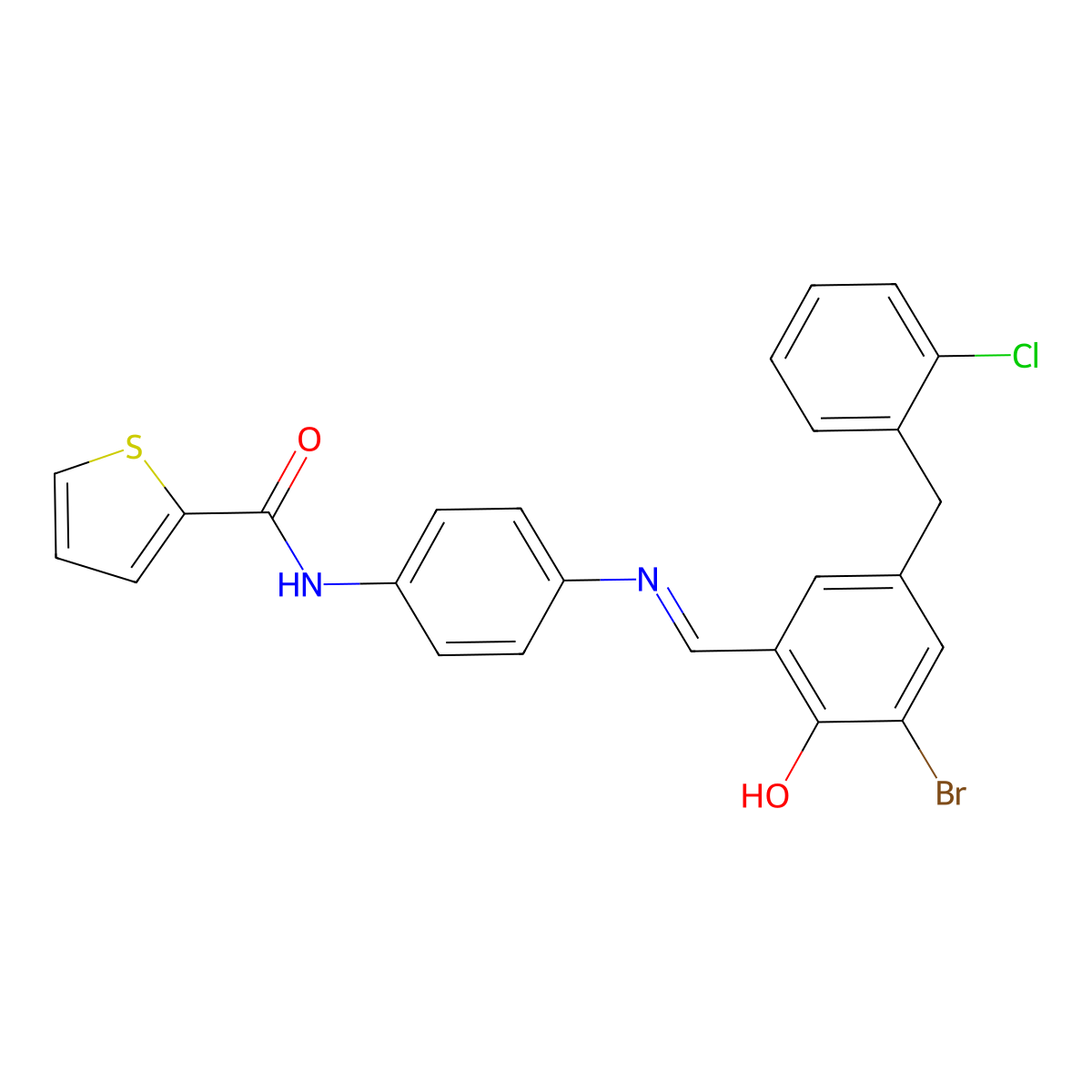 N-[4-[[[3-Bromo-5-[(2-chlorophenyl)methyl]-2-hydroxyphenyl]methylene]amino]phenyl]-2-thiophenecarboxamide molecular structure, CAS 401822-73-9