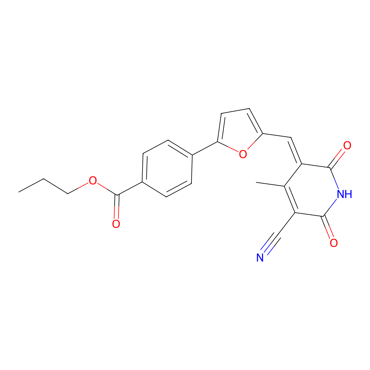Propyl 4-[5-[(5-cyano-1,6-dihydro-4-methyl-2,6-dioxo-3(2H)-pyridinylidene)methyl]-2-furanyl]benzoate molecular structure, CAS 401827-62-1