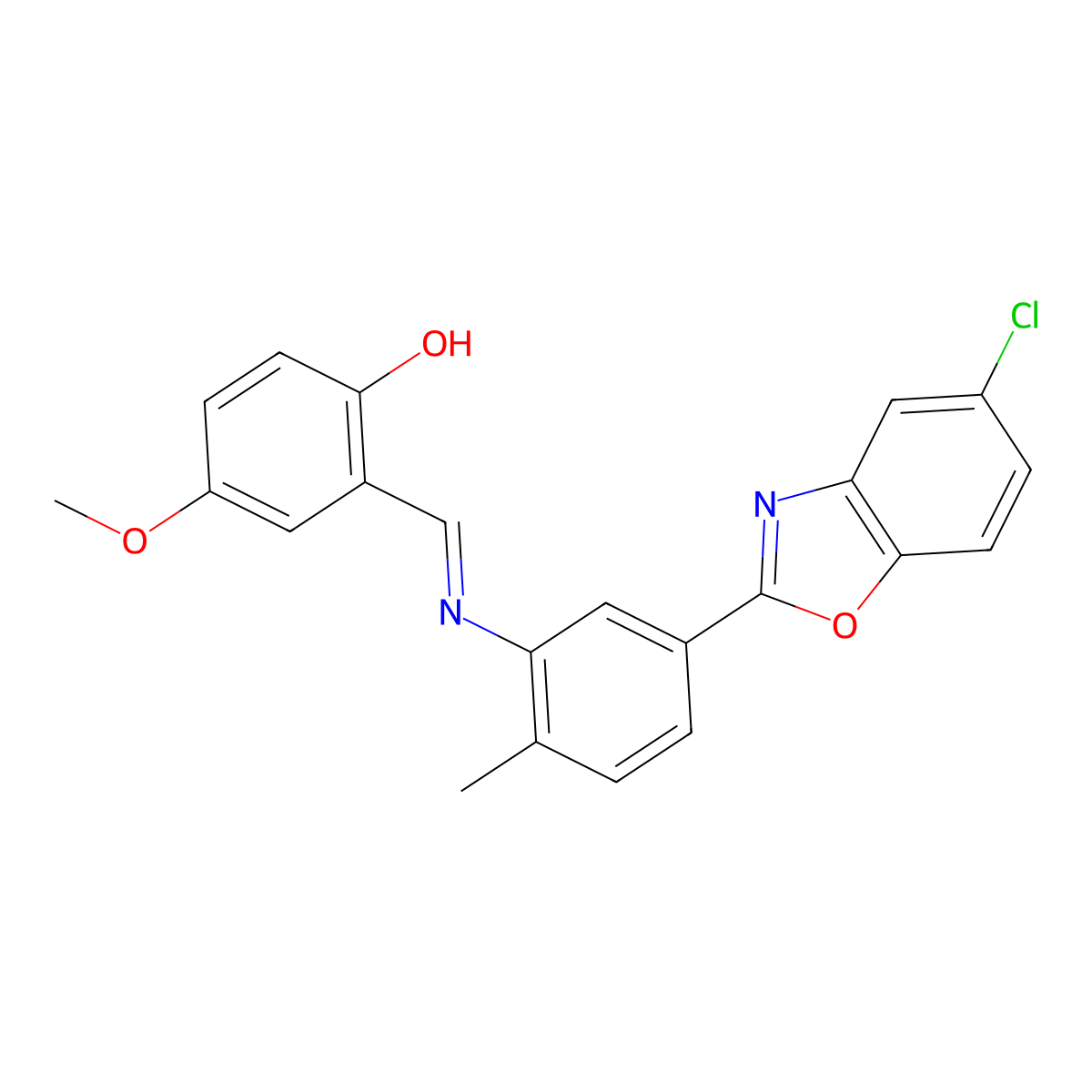 2-[[[5-(5-Chloro-2-benzoxazolyl)-2-methylphenyl]imino]methyl]-4-methoxyphenol molecular structure, CAS 401828-77-1