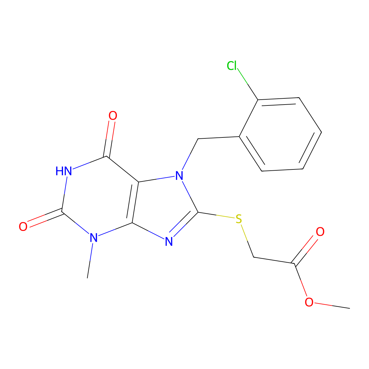 Methyl 2-[7-[(2-chlorophenyl)methyl]-3-methyl-2,6-dioxopurin-8-yl]sulfanylacetate molecular structure, CAS 401841-78-9