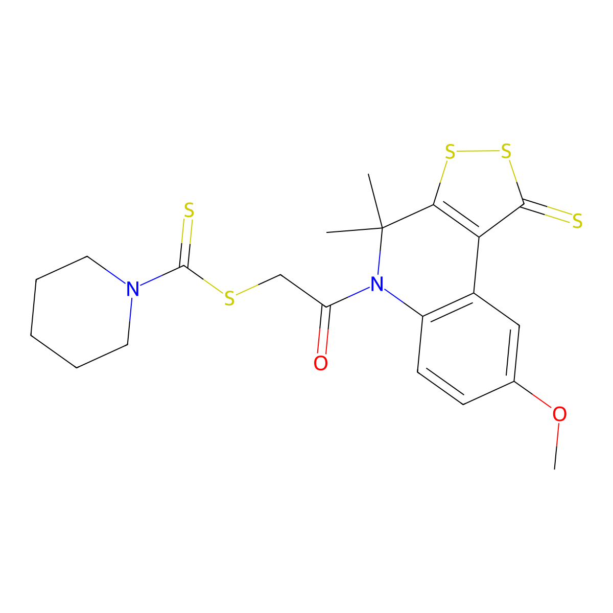 2-(8-methoxy-4,4-dimethyl-1-thioxo-1,4-dihydro-5H-[1,2]dithiolo[3,4-c]quinolin-5-yl)-2-oxoethyl piperidine-1-carbodithioate molecular structure, CAS 401845-85-0