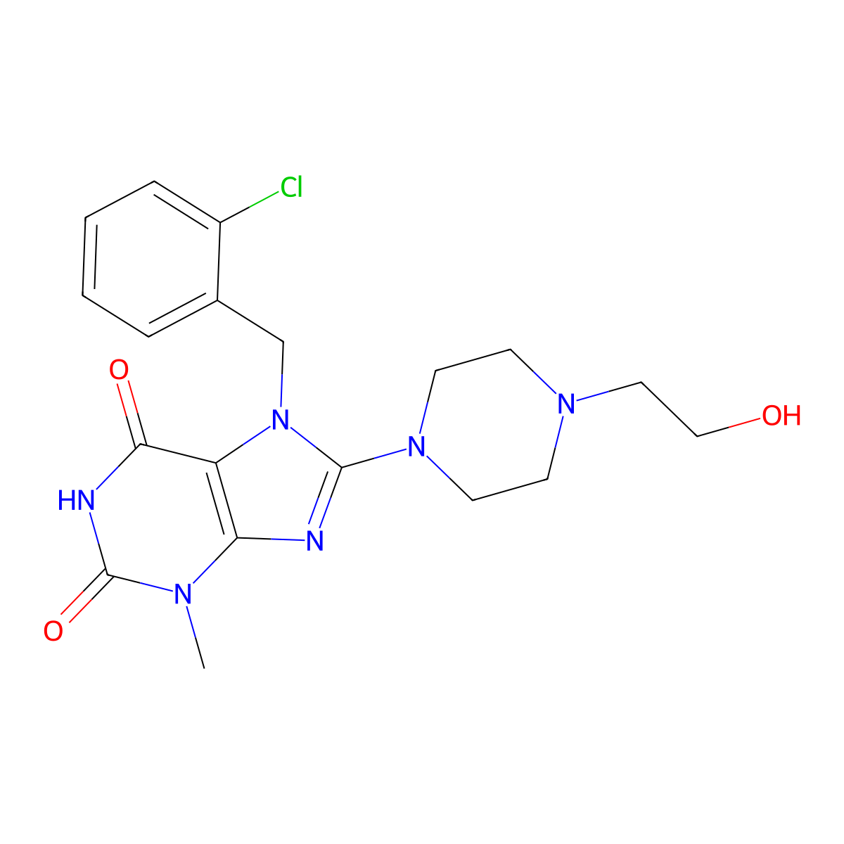 7-[(2-Chlorophenyl)methyl]-8-[4-(2-hydroxyethyl)piperazin-1-yl]-3-methylpurine-2,6-dione molecular structure, CAS 401918-10-3