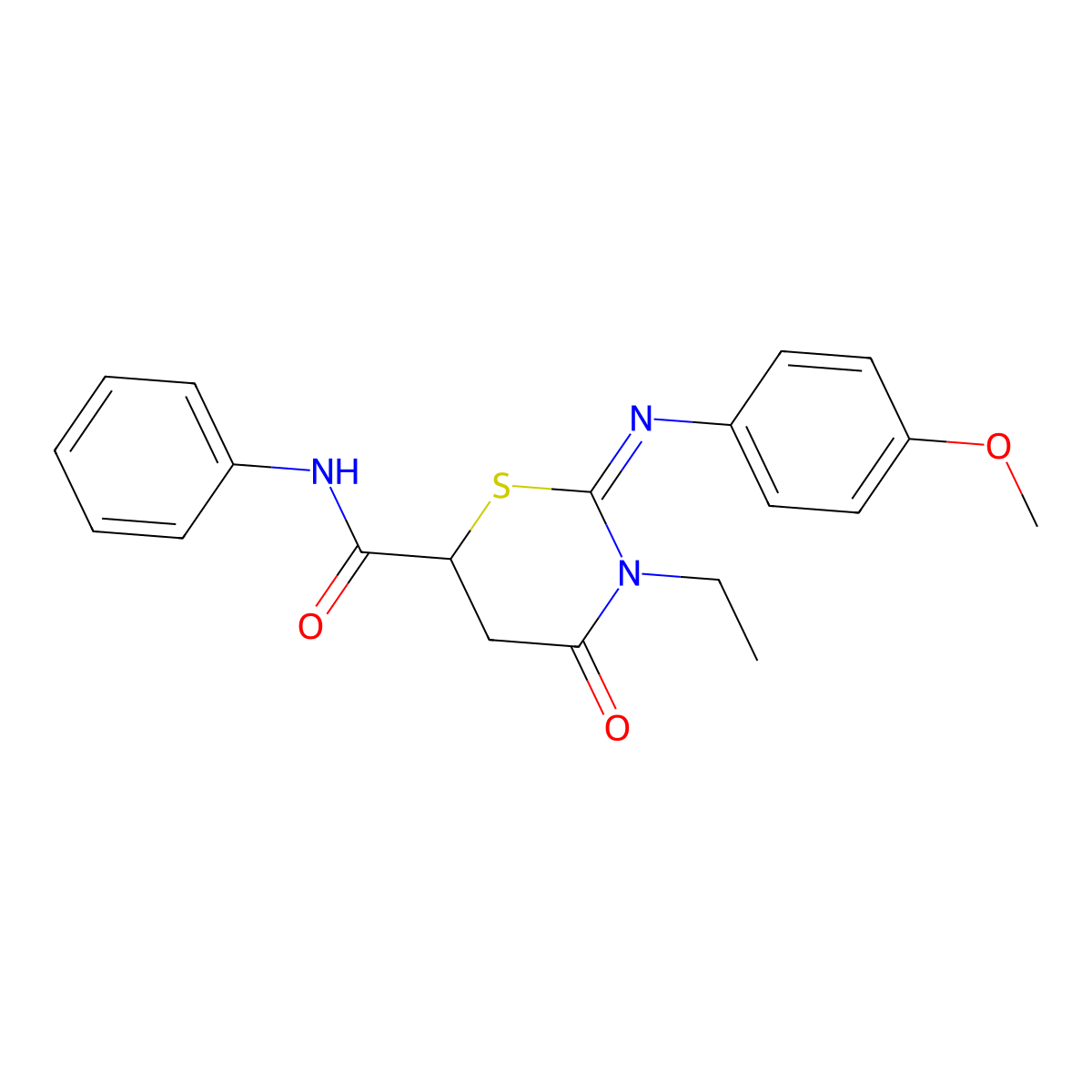 (2Z)-3-ethyl-2-[(4-methoxyphenyl)imino]-4-oxo-N-phenyl-1,3-thiazinane-6-carboxamide molecular structure, CAS 401923-23-7