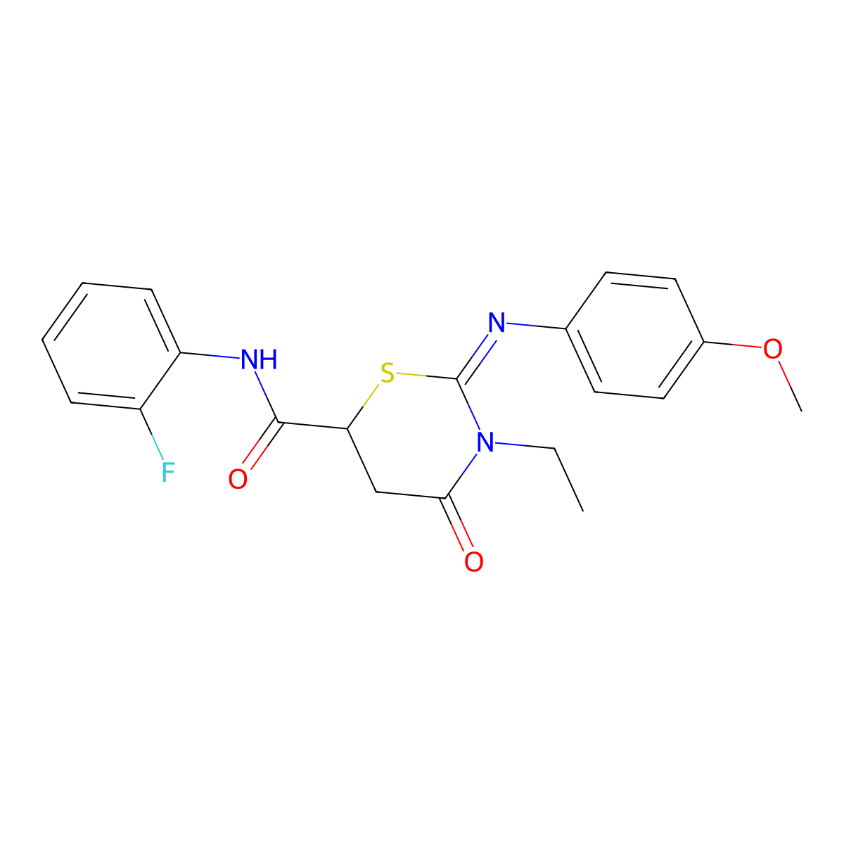 3-ethyl-N-(2-fluorophenyl)-2-[(4-methoxyphenyl)imino]-4-oxo-1,3-thiazinane-6-carboxamide molecular structure, CAS 401923-26-0