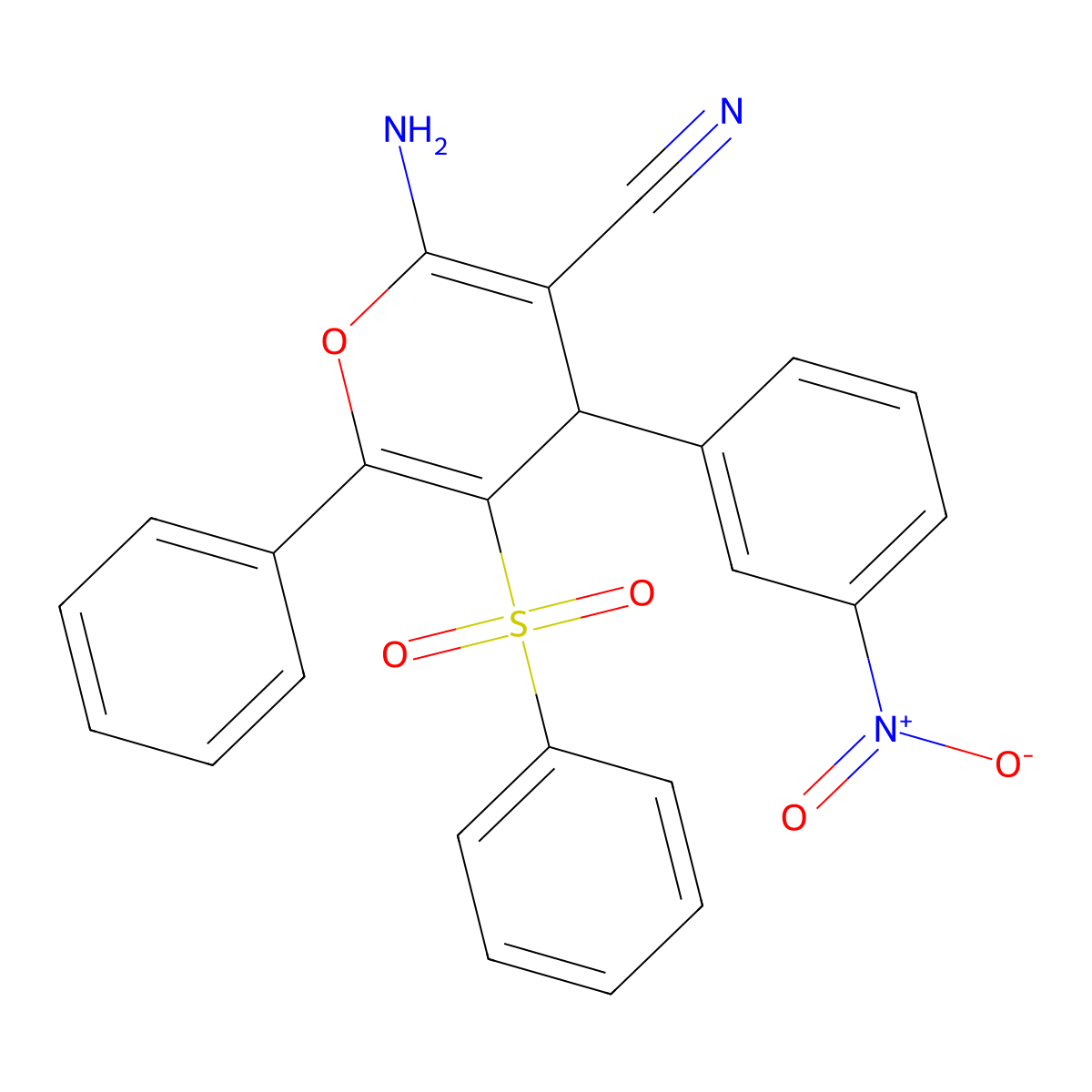 2-Amino-4-(3-nitrophenyl)-6-phenyl-5-(phenylsulfonyl)-4H-pyran-3-carbonitrile molecular structure, CAS 401936-95-6
