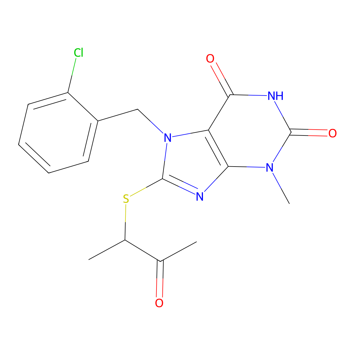 7-(2-CL-Benzyl)-3-ME-8-((1-ME-2-oxopropyl)thio)-3,7-dihydro-1H-purine-2,6-dione molecular structure, CAS 402470-63-7