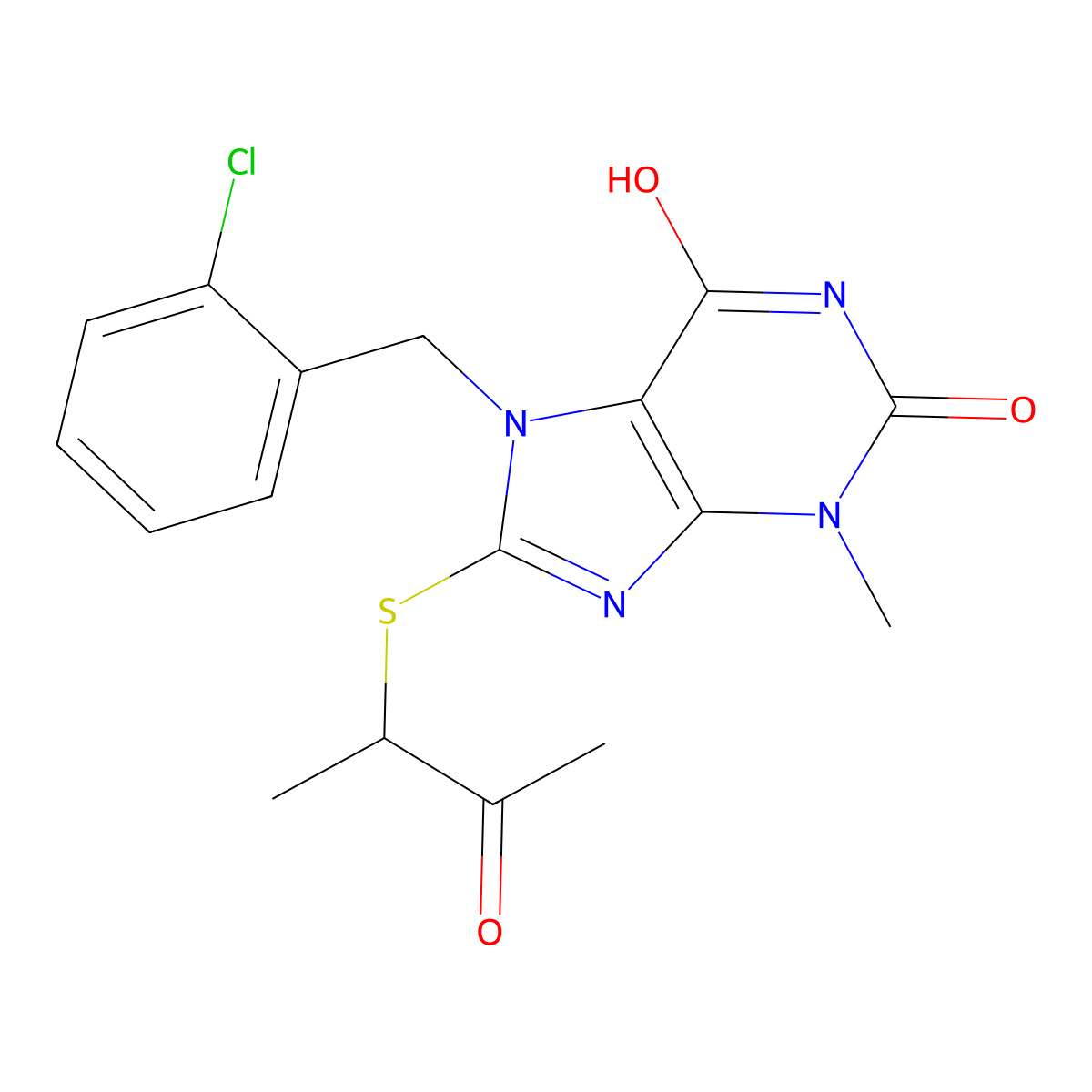 7-(2-CL-Benzyl)-3-ME-8-((1-ME-2-oxopropyl)thio)-3,7-dihydro-1H-purine-2,6-dione molecular structure, CAS 402470-63-7