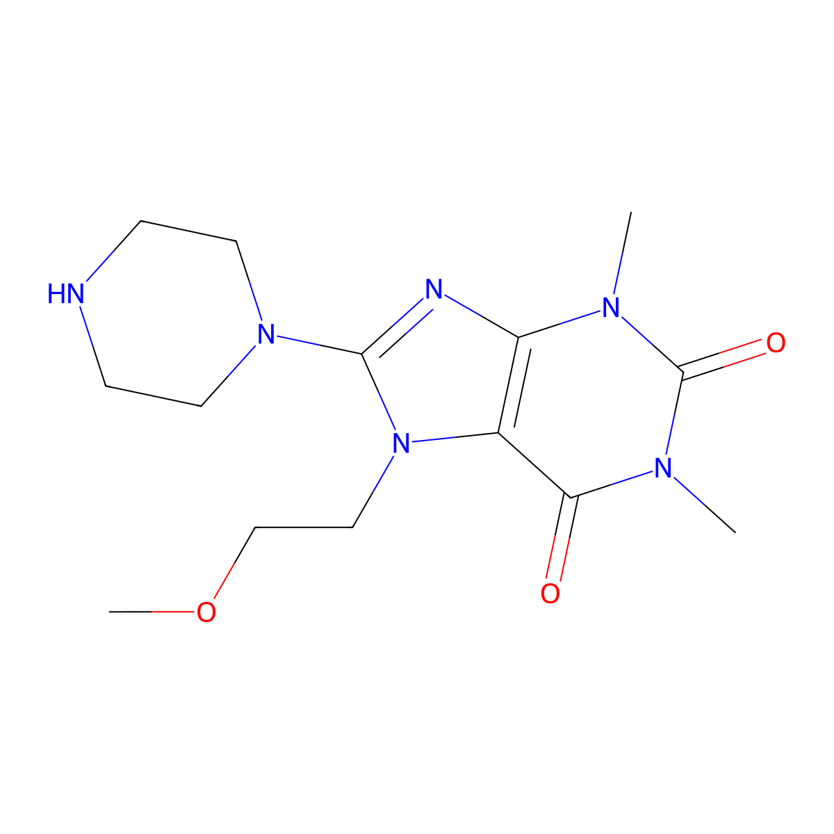 7-(2-Methoxy-ethyl)-1,3-dimethyl-8-piperazin-1-yl-3,7-dihydro-purine-2,6-dione molecular structure, CAS 402470-64-8