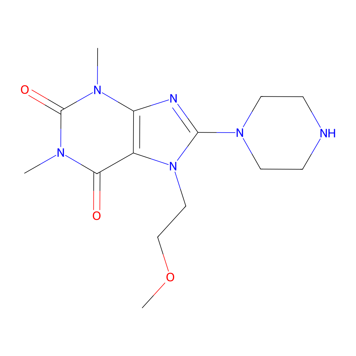 7-(2-Methoxy-ethyl)-1,3-dimethyl-8-piperazin-1-yl-3,7-dihydro-purine-2,6-dione molecular structure, CAS 402470-64-8