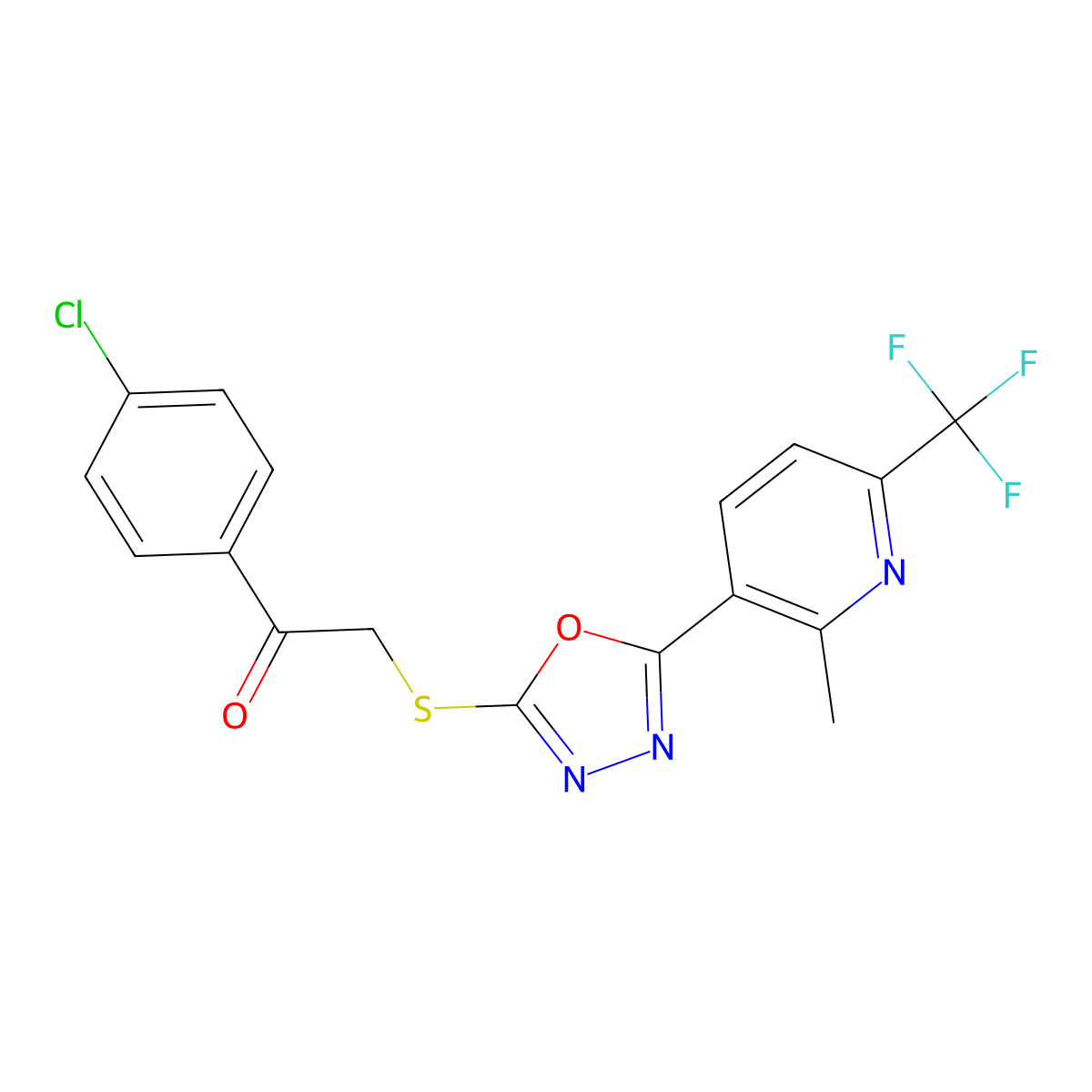 1-(4-Chlorophenyl)-2-[[5-[2-methyl-6-(trifluoromethyl)-3-pyridinyl]-1,3,4-oxadiazol-2-yl]thio]ethanone molecular structure, CAS 402479-95-2