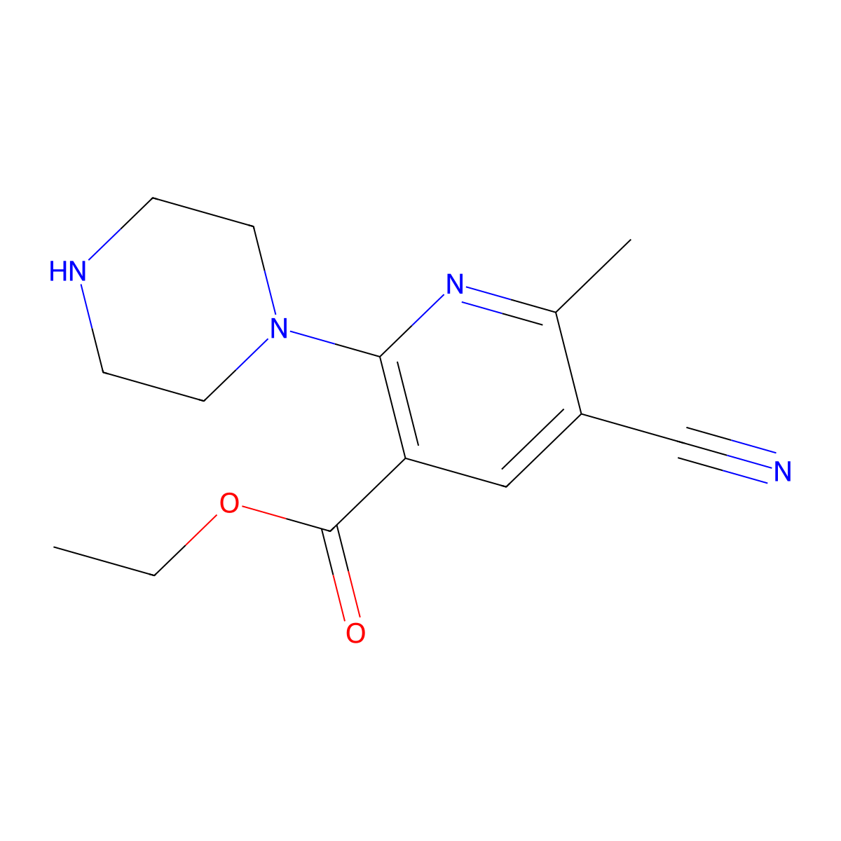 Ethyl 5-cyano-6-methyl-2-(piperazin-1-yl)nicotinate molecular structure, CAS 402479-97-4