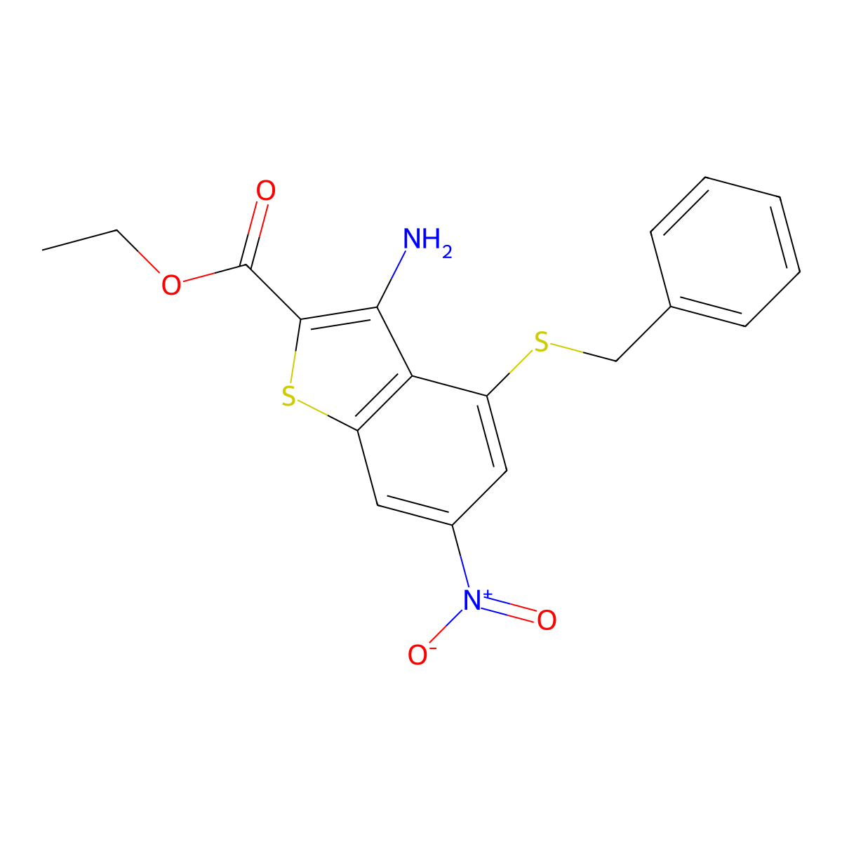Ethyl 3-amino-4-(benzylsulfanyl)-6-nitro-1-benzothiophene-2-carboxylate molecular structure, CAS 402498-98-0