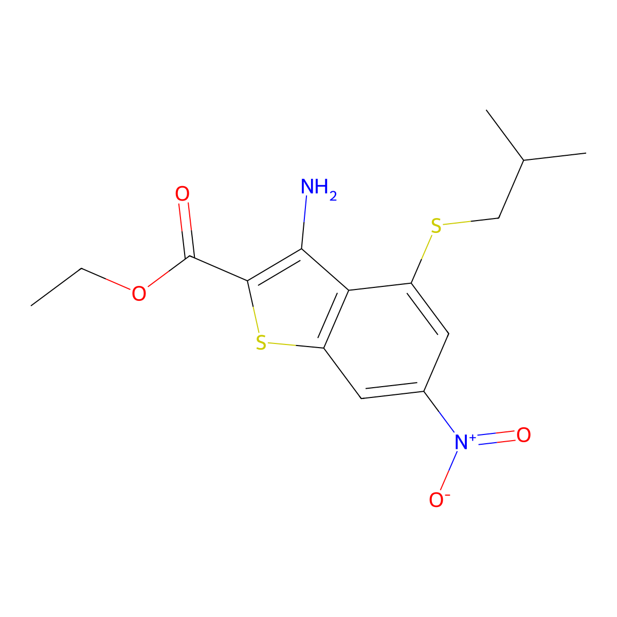 Ethyl 3-amino-6-nitro-4-(isobutylsulfanyl)-1-benzothiophene-2-carboxylate molecular structure, CAS 402499-00-7