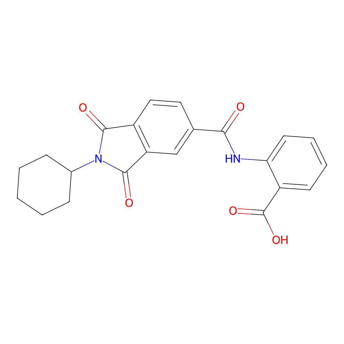 2-{[(2-cyclohexyl-1,3-dioxo-2,3-dihydro-1H-isoindol-5-yl)carbonyl]amino}benzoic acid molecular structure, CAS 402599-26-2