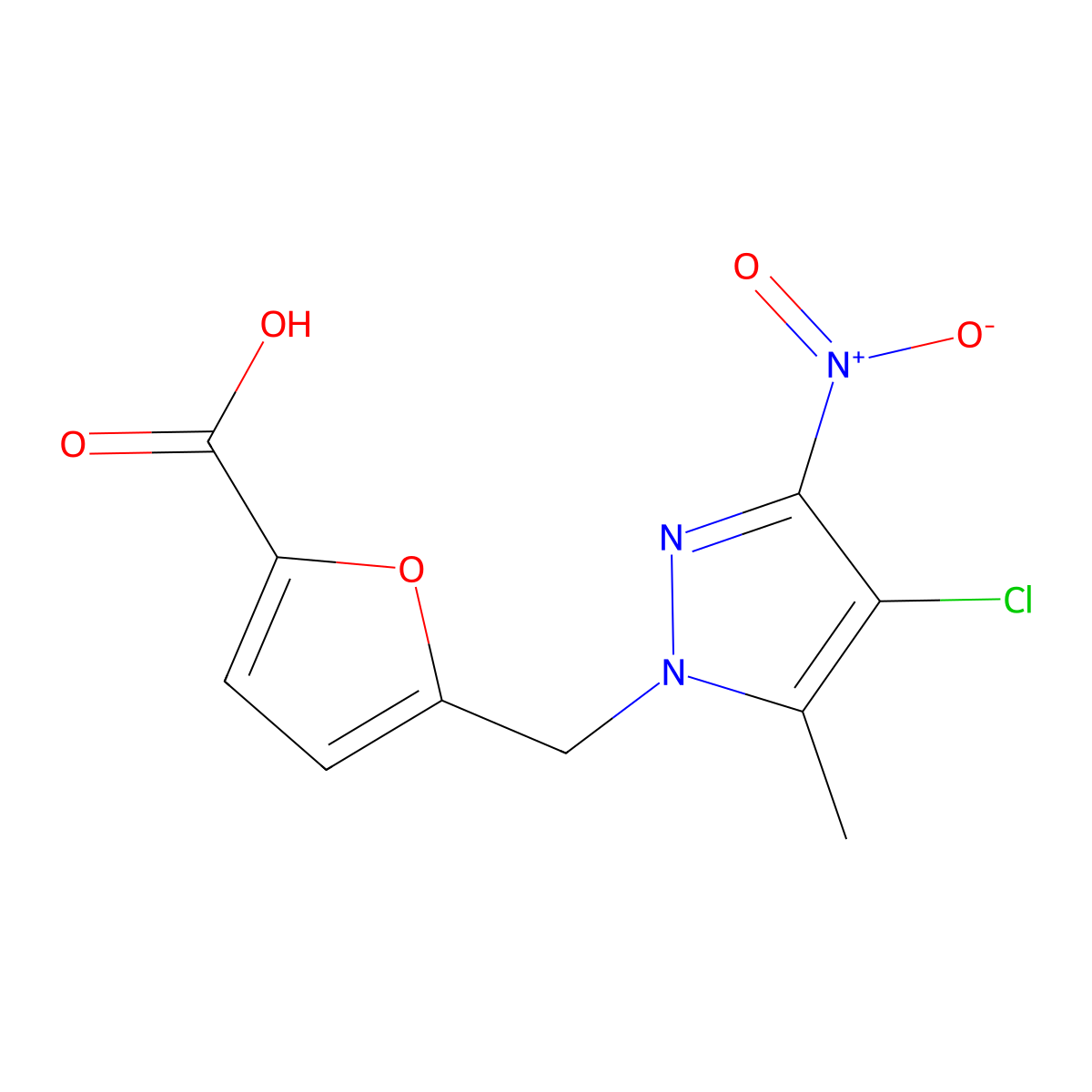 5-[(4-Chloro-5-methyl-3-nitro-1H-pyrazol-1-YL)methyl]-2-furoic acid molecular structure, CAS 402614-16-8