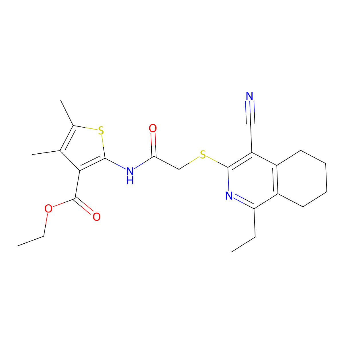 Ethyl 2-({[(4-cyano-1-ethyl-5,6,7,8-tetrahydroisoquinolin-3-yl)sulfanyl]acetyl}amino)-4,5-dimethylthiophene-3-carboxylate molecular structure, CAS 402736-89-4
