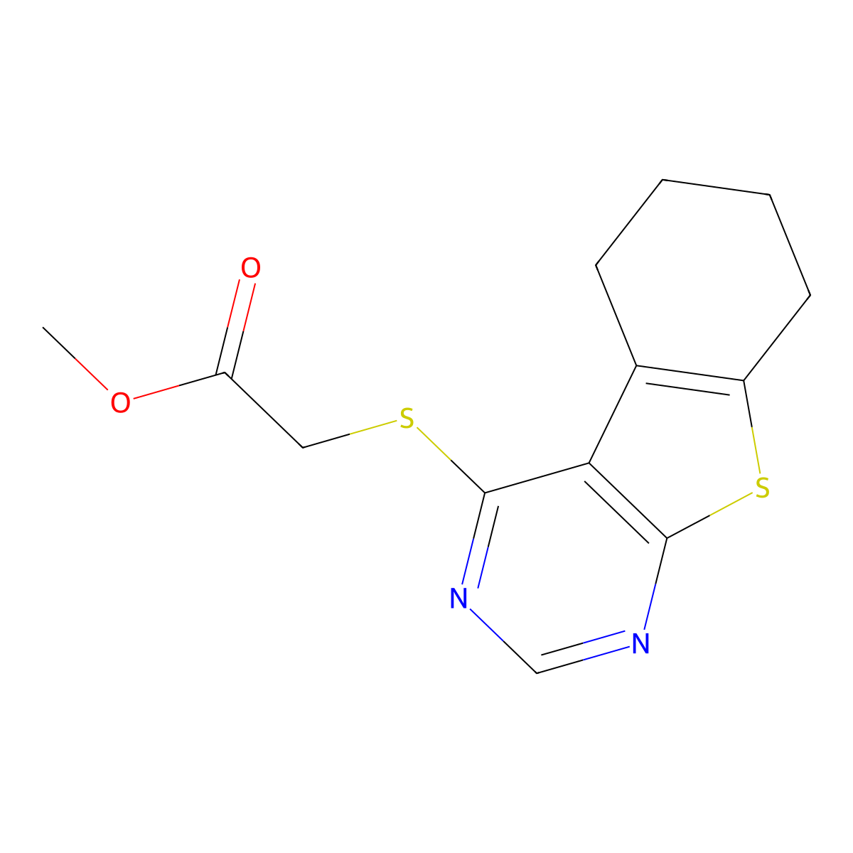 Methyl (5,6,7,8-tetrahydro[1]benzothieno[2,3-d]pyrimidin-4-ylsulfanyl)acetate molecular structure, CAS 40277-40-5