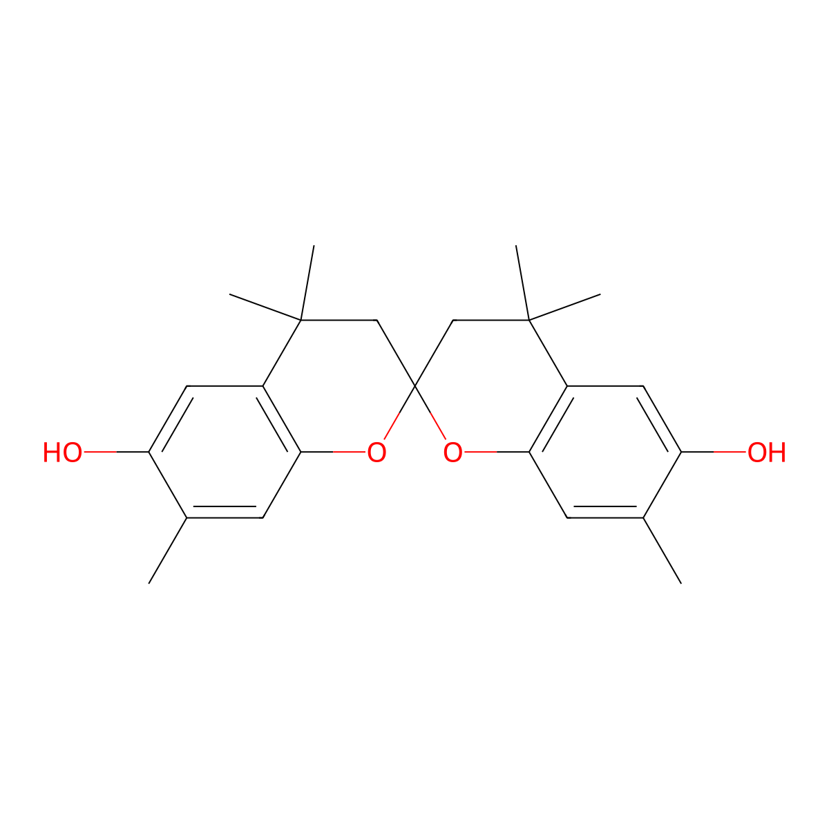3,3',4,4'-Tetrahydro-4,4,4',4',7,7'-hexamethyl-2,2'-spirobi(2H-1-benzopyran)-6,6'-diol molecular structure, CAS 40278-59-9