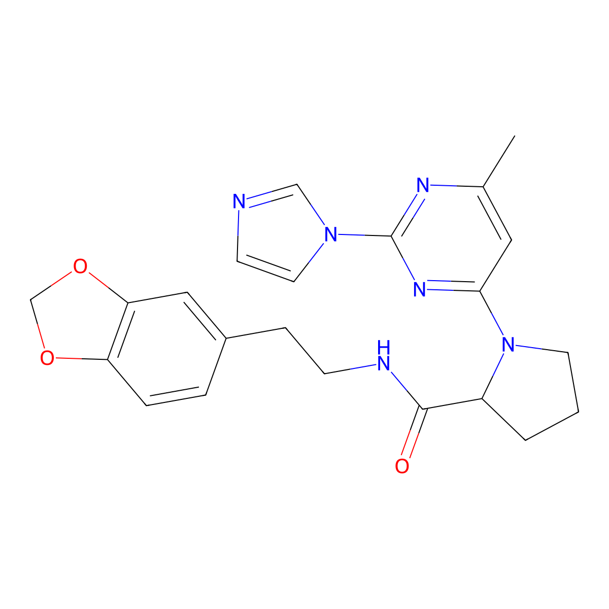 N-(2-(1,3-Benzodioxol-5-YL)ethyl)-1-(2-(1H-imidazol-1-YL)-6-methylpyrimidin-4-YL)-D-prolinamide molecular structure, CAS 402934-09-2