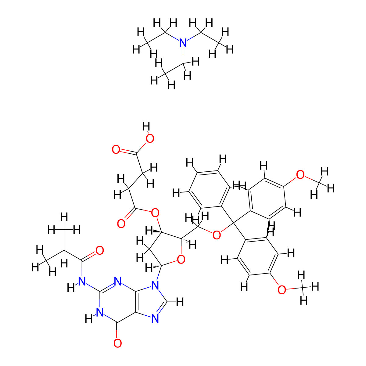 n2-isobutyryl-5'-o-(4,4-dimethoxytrityl)-2'-deoxyguanosine-3'-succinate, tea salt molecular structure, CAS 402944-21-2