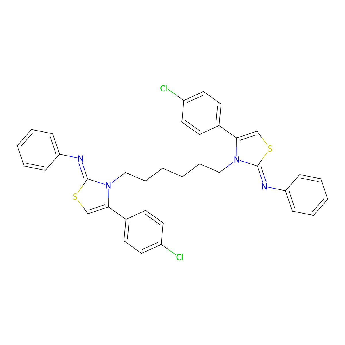 Benzenamine, N,Na(2)-[1,6-hexanediylbis[4-(4-chlorophenyl)-3(2H)-thiazolyl-2-ylidene]]bis- molecular structure, CAS 402945-44-2