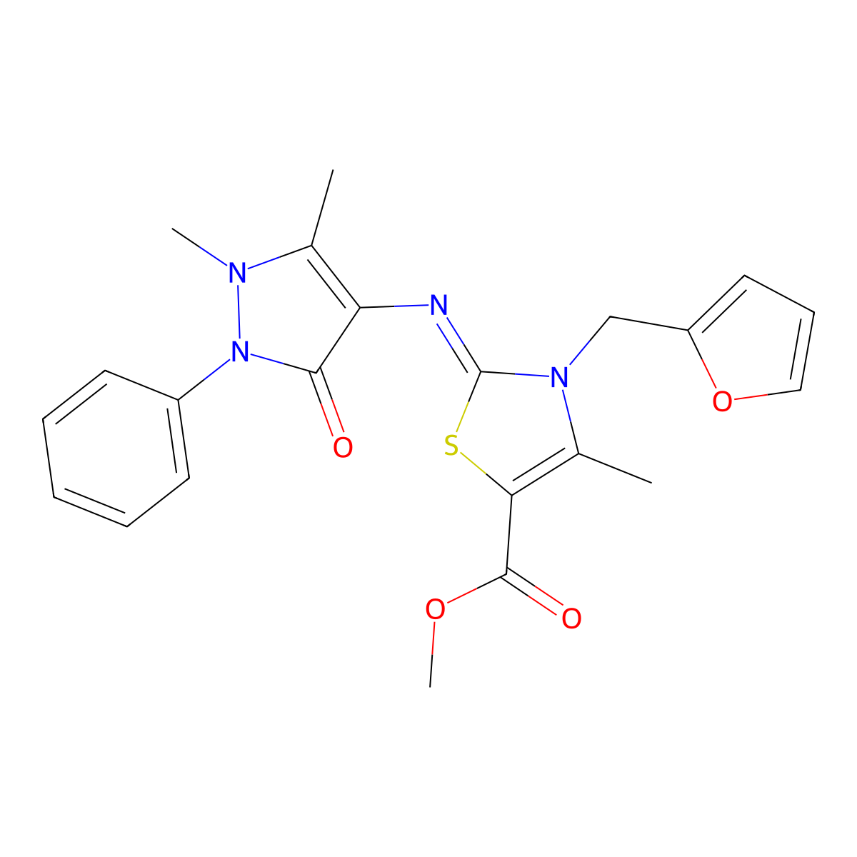 (Z)-methyl 2-((1,5-dimethyl-3-oxo-2-phenyl-2,3-dihydro-1H-pyrazol-4-yl)imino)-3-(furan-2-ylmethyl)-4-methyl-2,3-dihydrothiazole-5-carboxylate molecular structure, CAS 402946-39-8