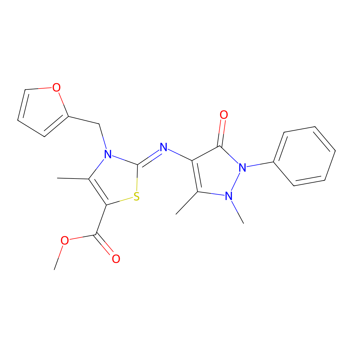 (Z)-methyl 2-((1,5-dimethyl-3-oxo-2-phenyl-2,3-dihydro-1H-pyrazol-4-yl)imino)-3-(furan-2-ylmethyl)-4-methyl-2,3-dihydrothiazole-5-carboxylate molecular structure, CAS 402946-39-8