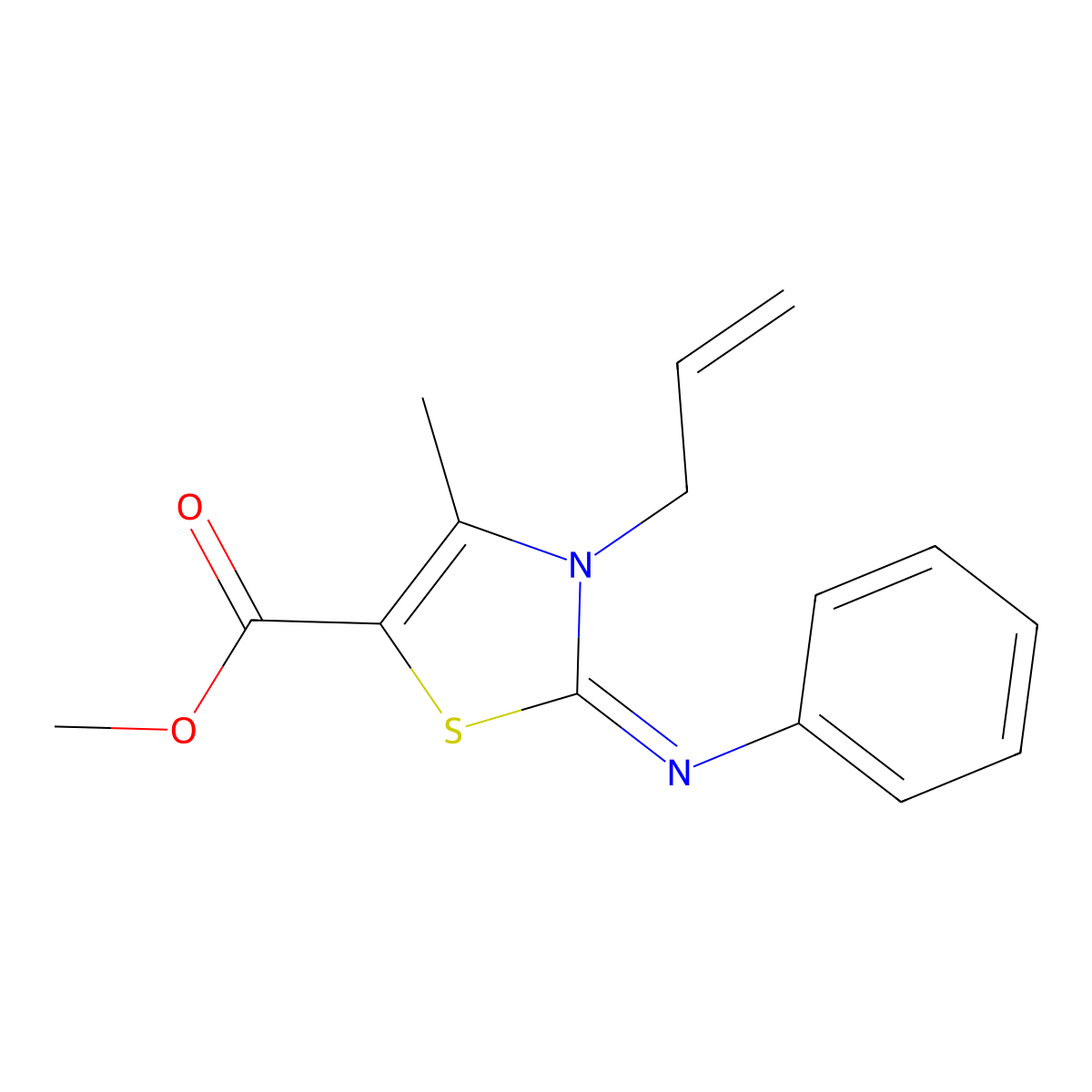 Methyl 4-methyl-2-phenylimino-3-prop-2-enyl-1,3-thiazole-5-carboxylate molecular structure, CAS 402946-40-1