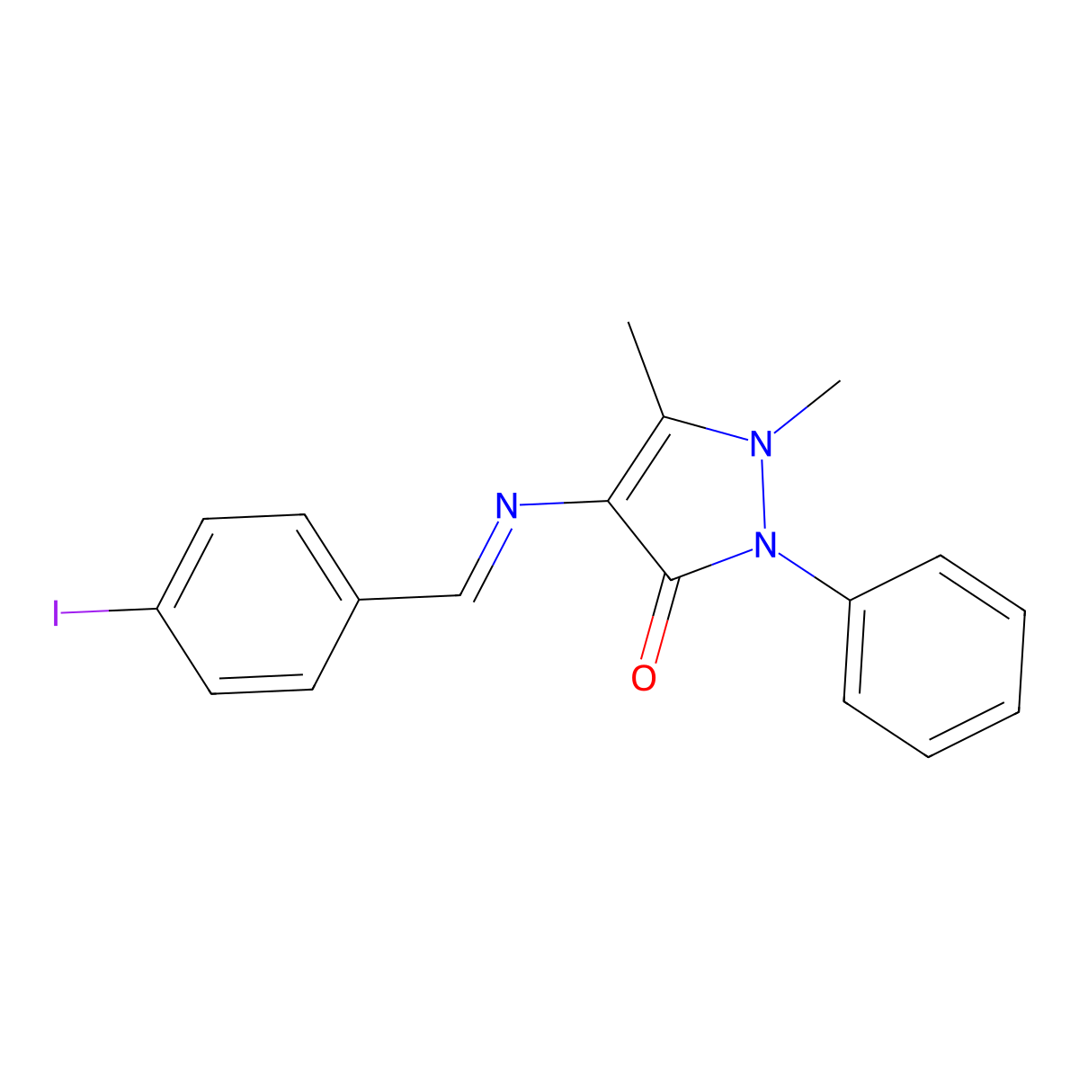 (E)-4-((4-iodobenzylidene)amino)-1,5-dimethyl-2-phenyl-1H-pyrazol-3(2H)-one molecular structure, CAS 402946-50-3